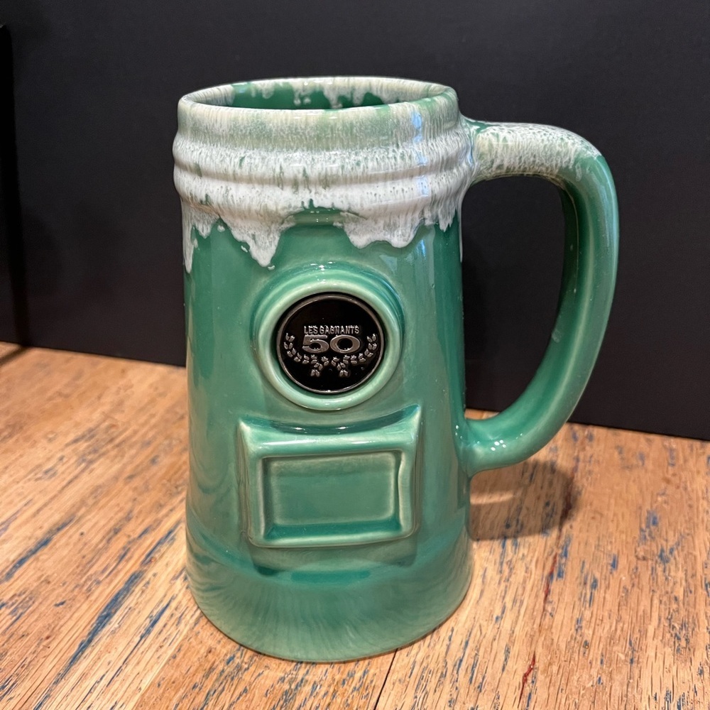 Vintage Beer Stein – Beauceware Pottery – Labatt 50 – Green & White Drip Glaze